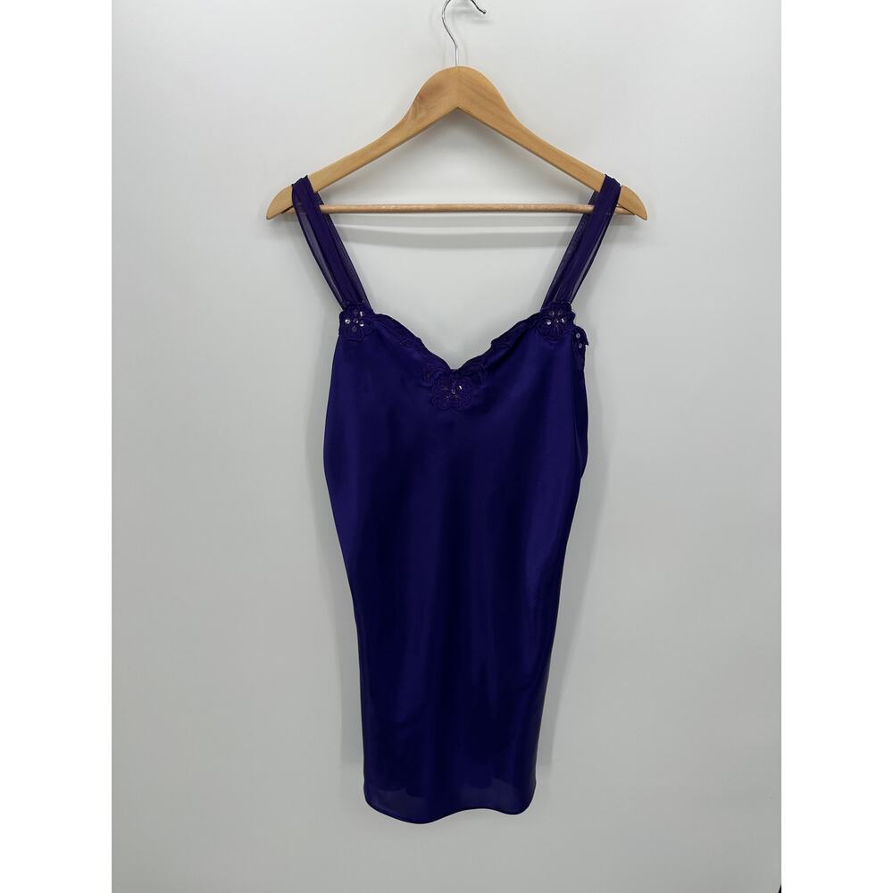 Vintage Val Mode Purple Satin Nightgown Women Sz L Embroidery Sexy Nightie Slip